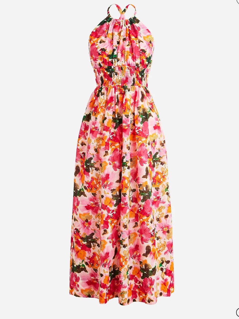 J. Crew Halter-Neck Cross-Back Midi Dress in Pink Multi Floral Cotton Voile